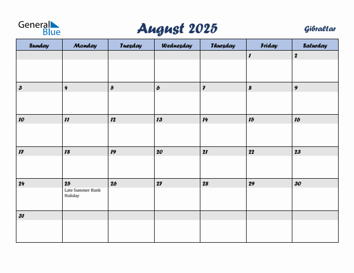 August 2025 Calendar with Holidays in Gibraltar