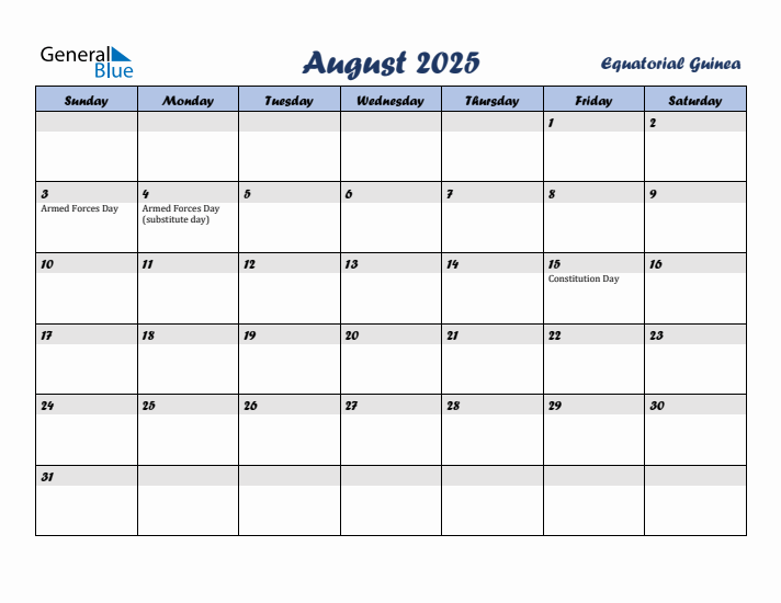 August 2025 Calendar with Holidays in Equatorial Guinea