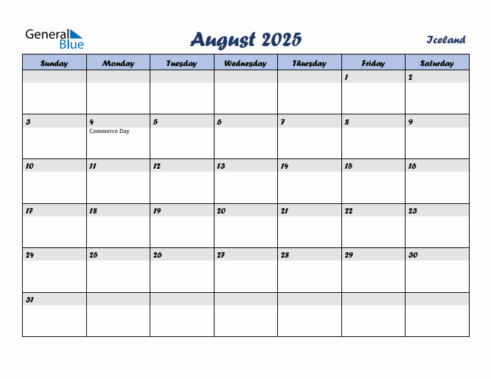 August 2025 Calendar with Holidays in Iceland