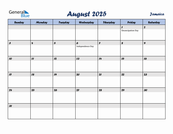 August 2025 Calendar with Holidays in Jamaica