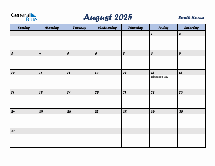 August 2025 Calendar with Holidays in South Korea