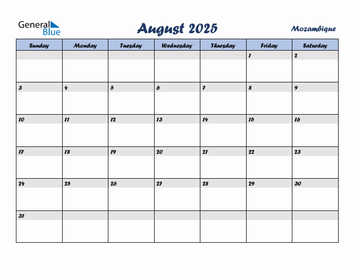 August 2025 Calendar with Holidays in Mozambique