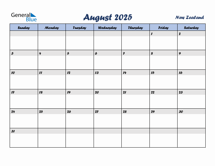 August 2025 Calendar with Holidays in New Zealand