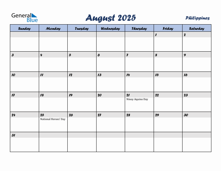August 2025 Calendar with Holidays in Philippines
