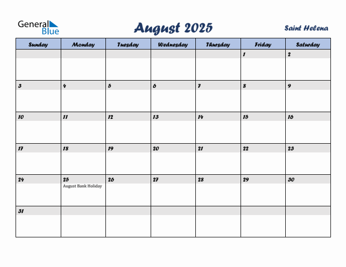August 2025 Calendar with Holidays in Saint Helena