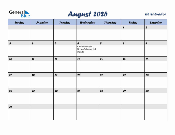 August 2025 Calendar with Holidays in El Salvador