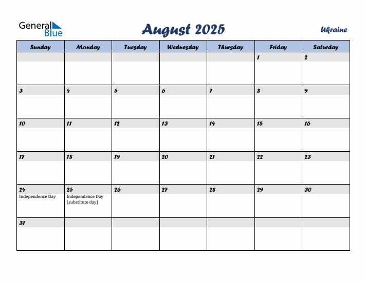 August 2025 Calendar with Holidays in Ukraine