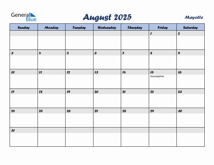 August 2025 Calendar with Holidays in Mayotte