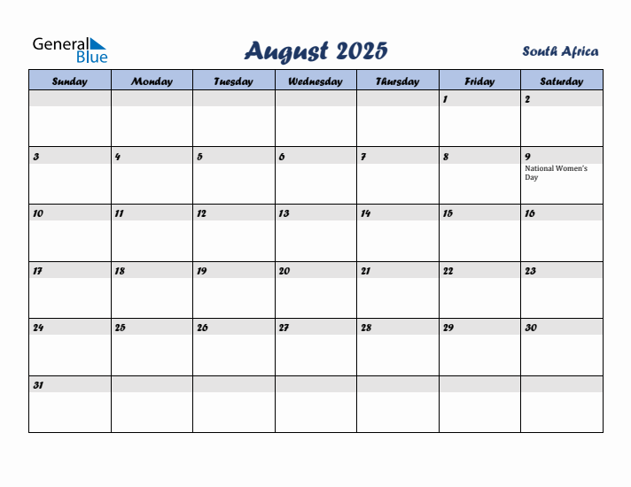August 2025 Calendar with Holidays in South Africa