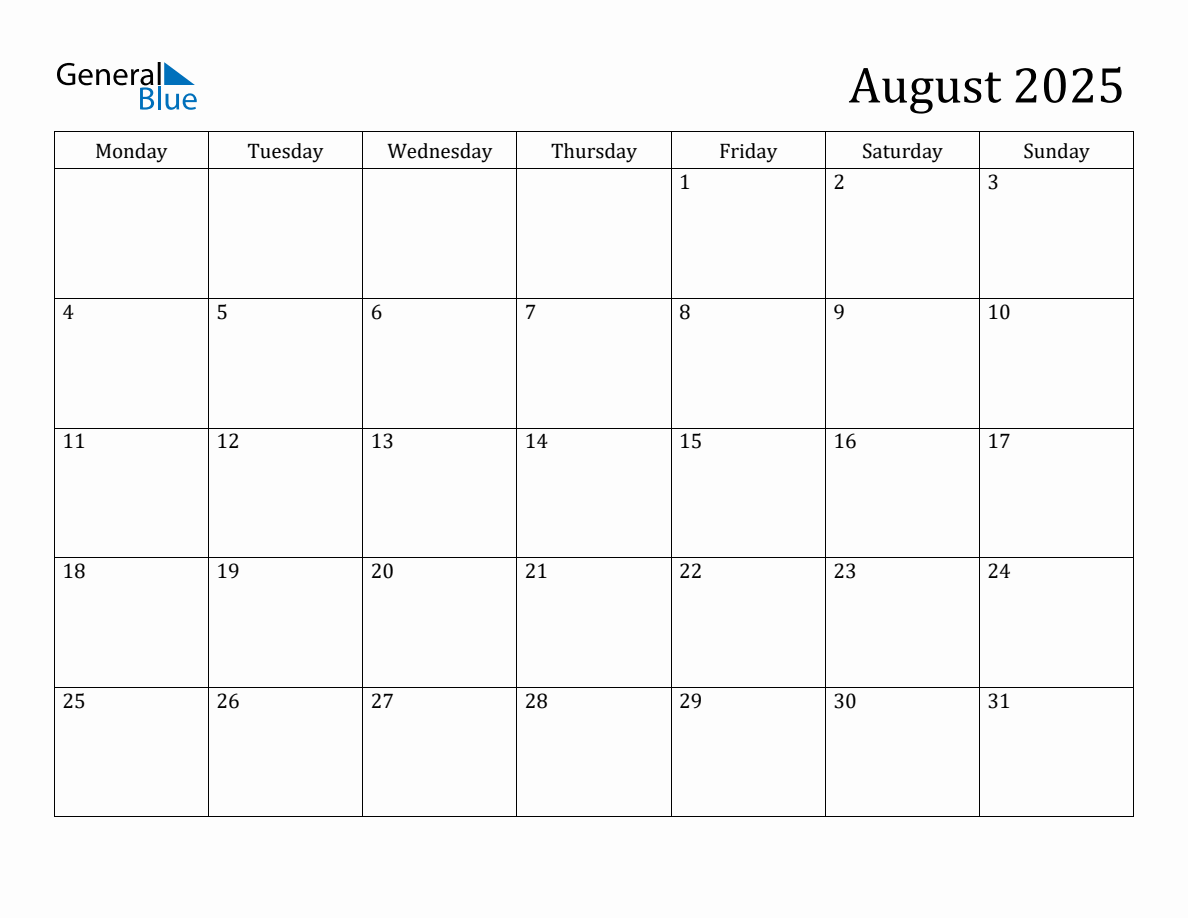 August 2025 Monthly Calendar