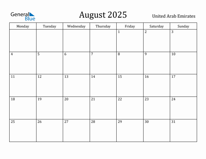 August 2025 Calendar United Arab Emirates