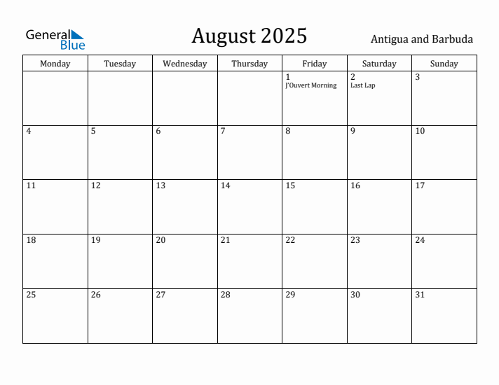 August 2025 Calendar Antigua and Barbuda