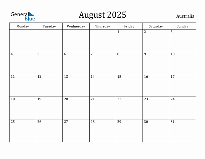 August 2025 Australia Monthly Calendar with Holidays