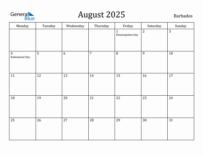 August 2025 Calendar Barbados