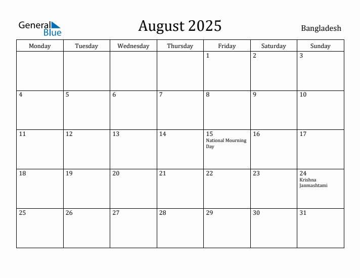 August 2025 Bangladesh Monthly Calendar with Holidays
