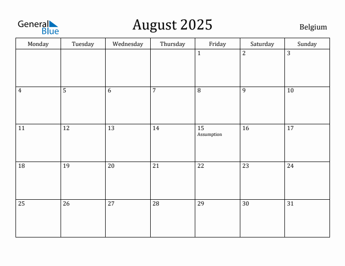 August 2025 Calendar Belgium