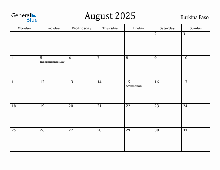 August 2025 Calendar Burkina Faso