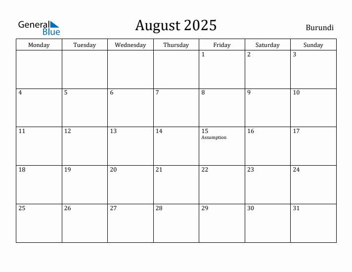 August 2025 Calendar Burundi