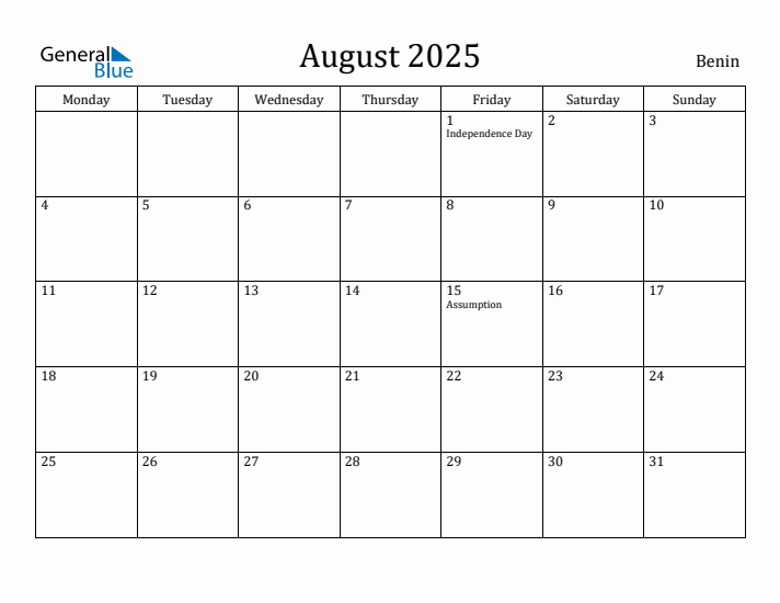 August 2025 Calendar Benin