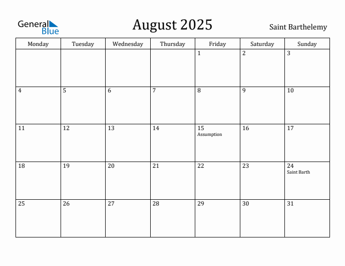 August 2025 Calendar Saint Barthelemy