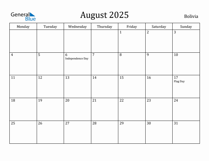 August 2025 Calendar Bolivia