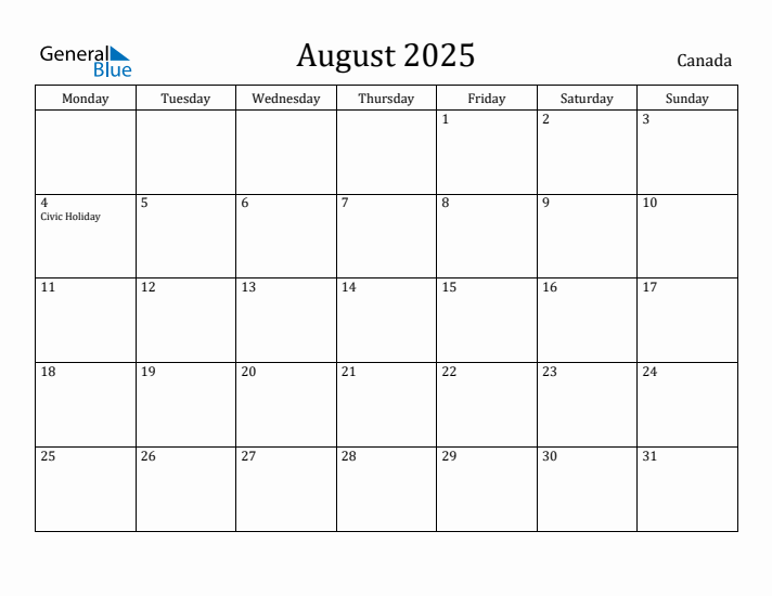 August 2025 Calendar Canada