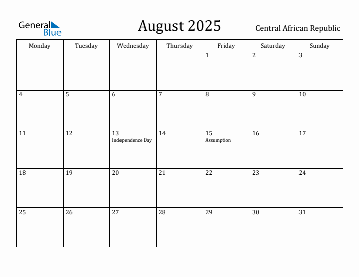 August 2025 Calendar Central African Republic