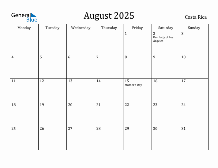 August 2025 Calendar Costa Rica