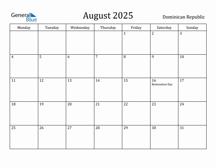 August 2025 Calendar Dominican Republic