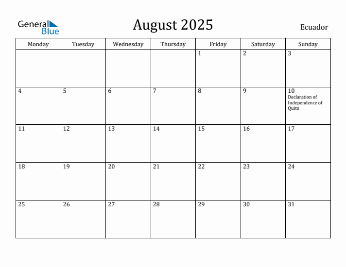 August 2025 Calendar Ecuador