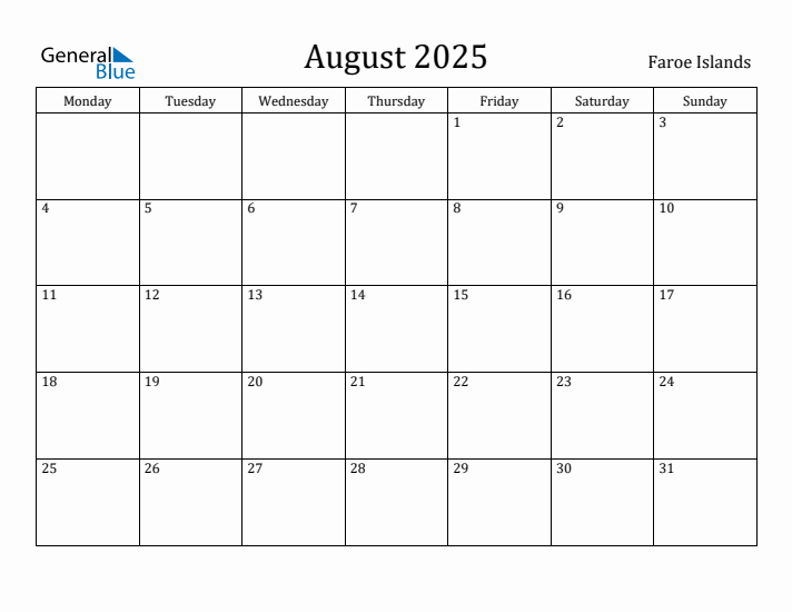 August 2025 Faroe Islands Monthly Calendar with Holidays