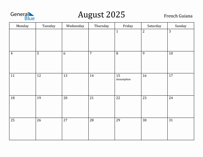 August 2025 Calendar French Guiana