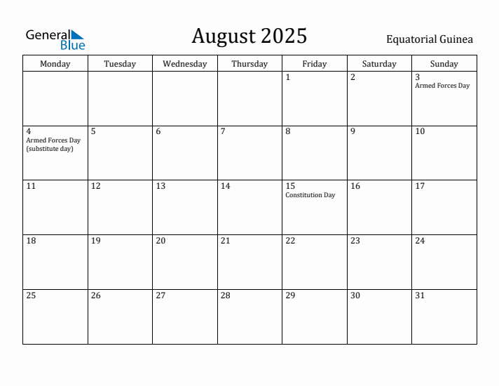 August 2025 Calendar Equatorial Guinea