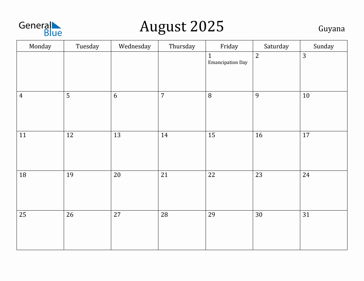 August 2025 Guyana Monthly Calendar with Holidays