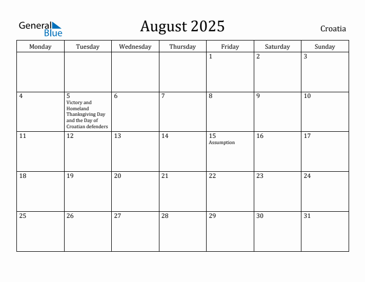 August 2025 Calendar Croatia