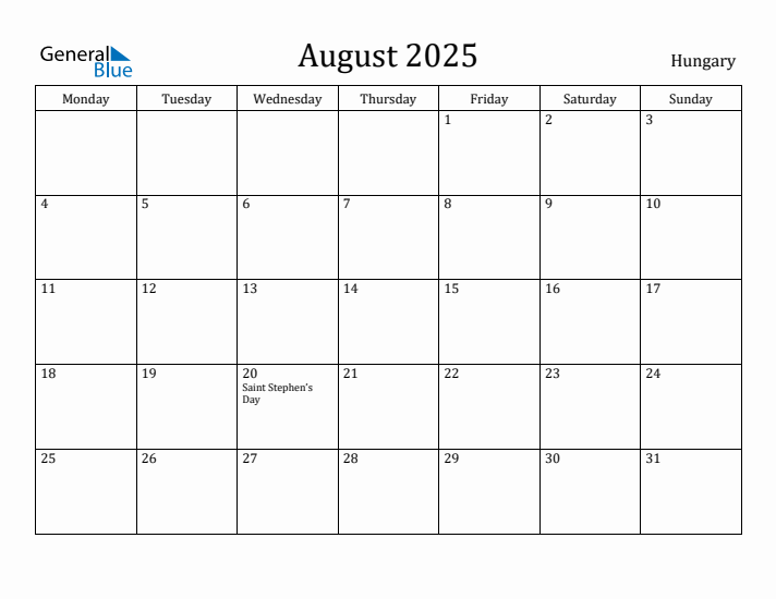 August 2025 Calendar Hungary