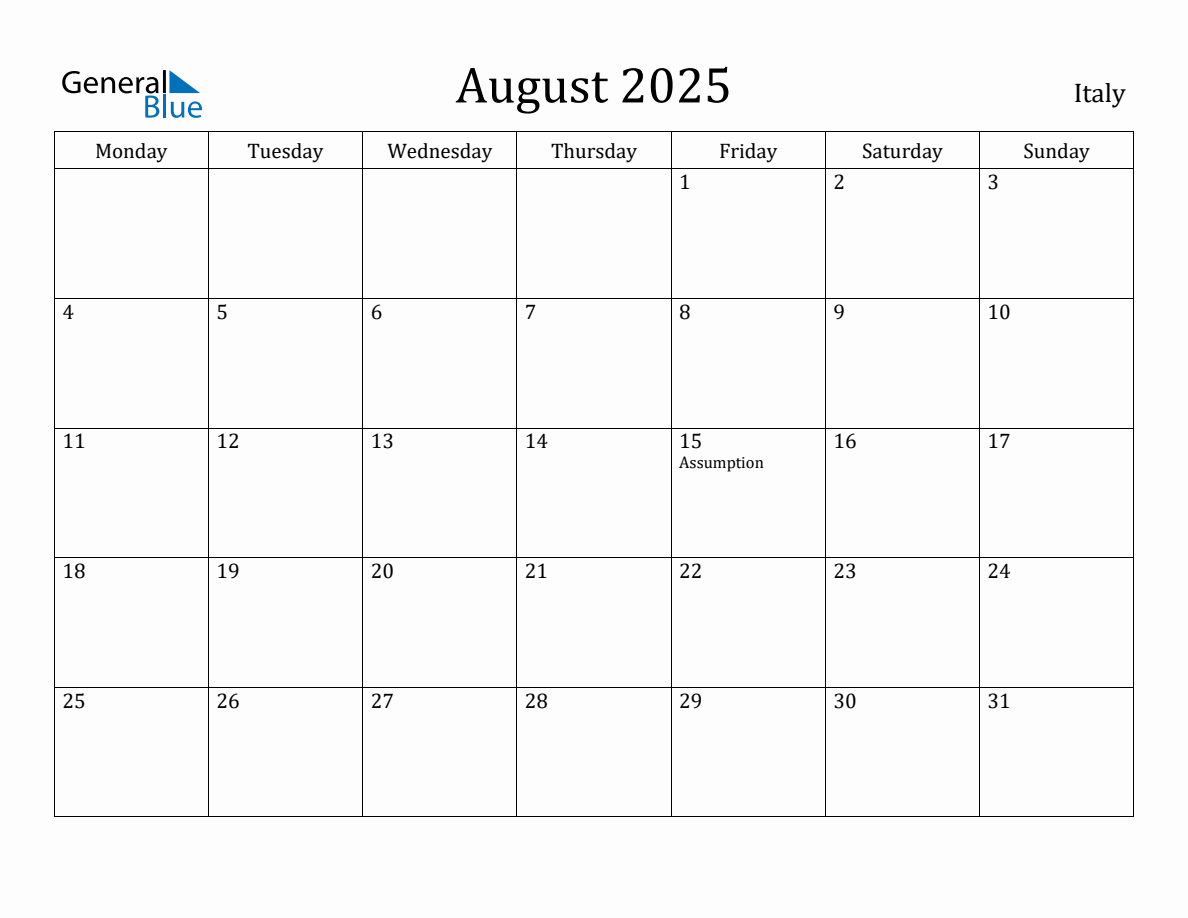 August 2025 Italy Monthly Calendar with Holidays