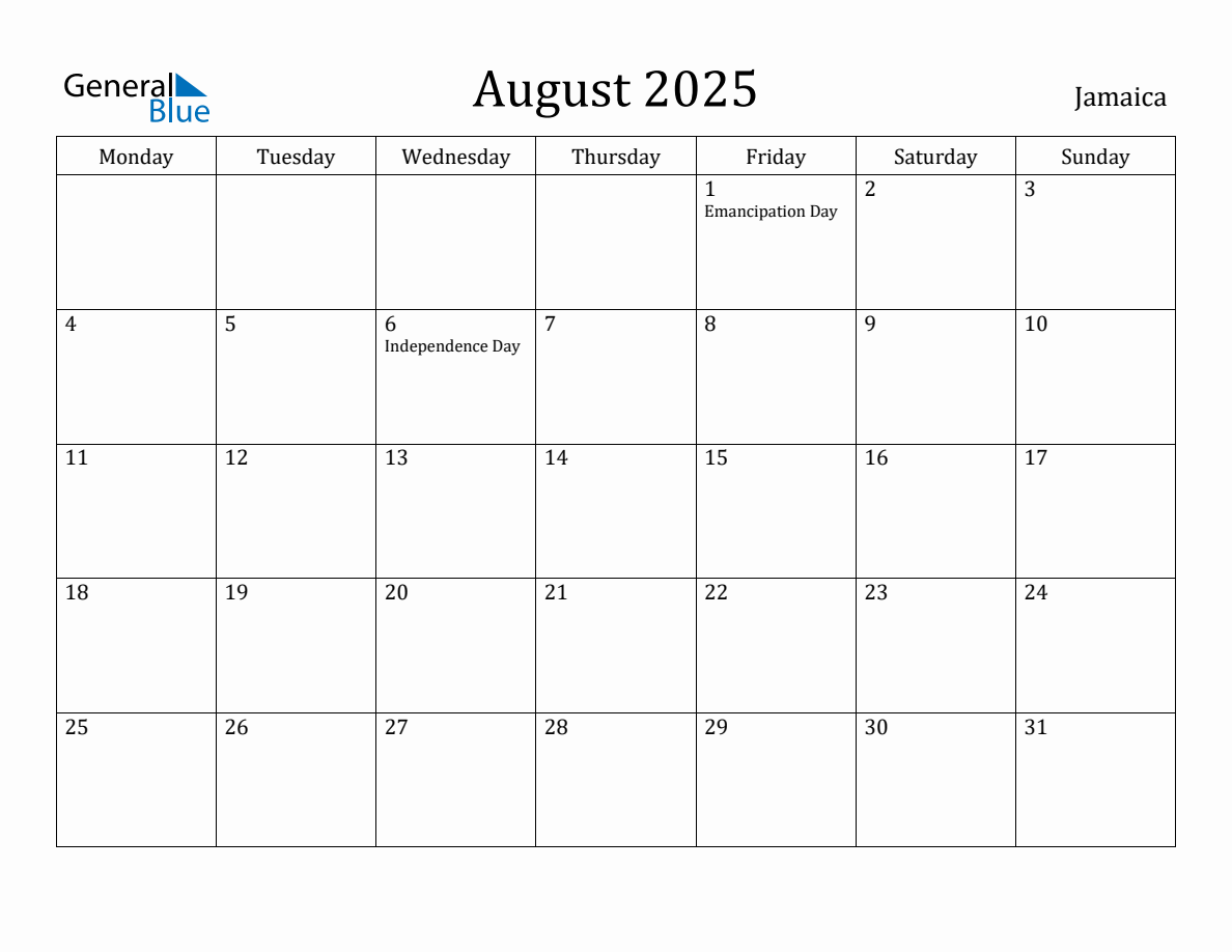 August 2025 Jamaica Monthly Calendar with Holidays