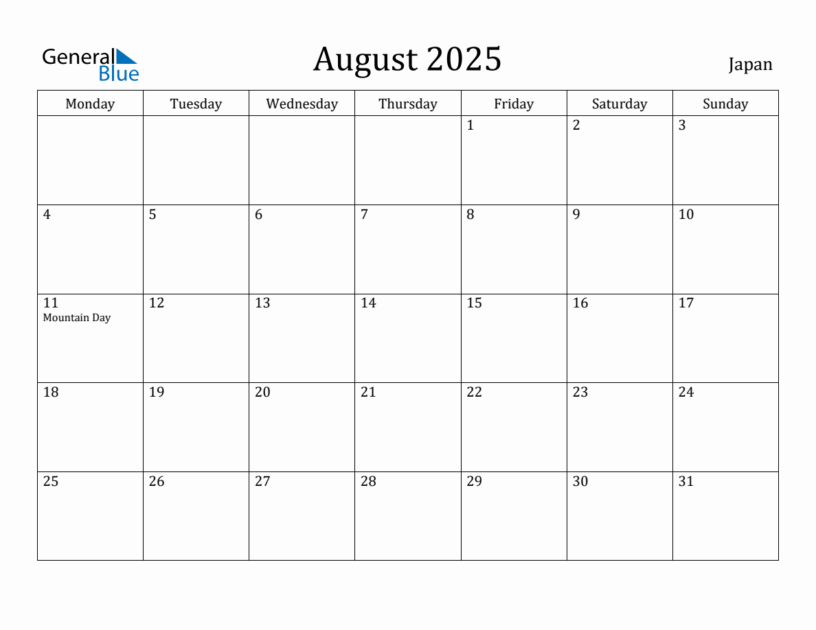 August 2025 Japan Monthly Calendar with Holidays