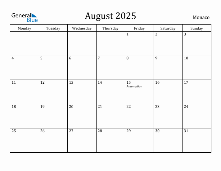 August 2025 Calendar Monaco