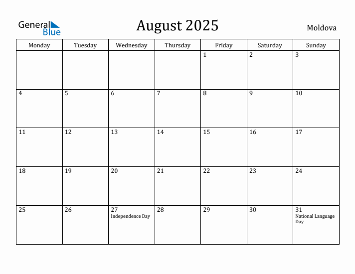 August 2025 Calendar Moldova