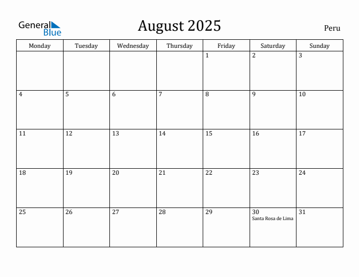 August 2025 Calendar Peru