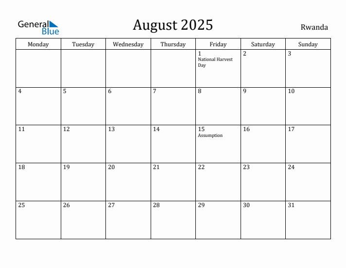 August 2025 Calendar Rwanda