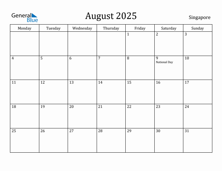 August 2025 Calendar Singapore