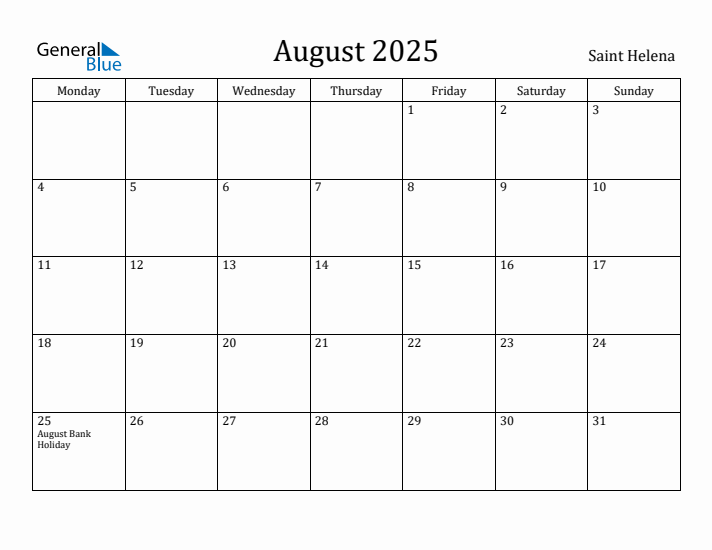 August 2025 Calendar Saint Helena