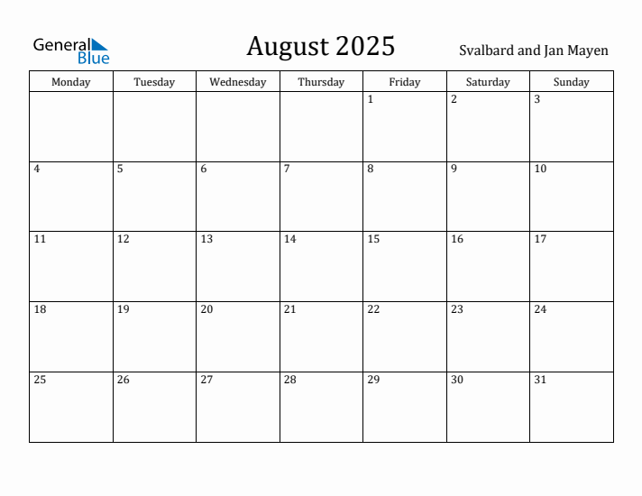 August 2025 Calendar Svalbard and Jan Mayen