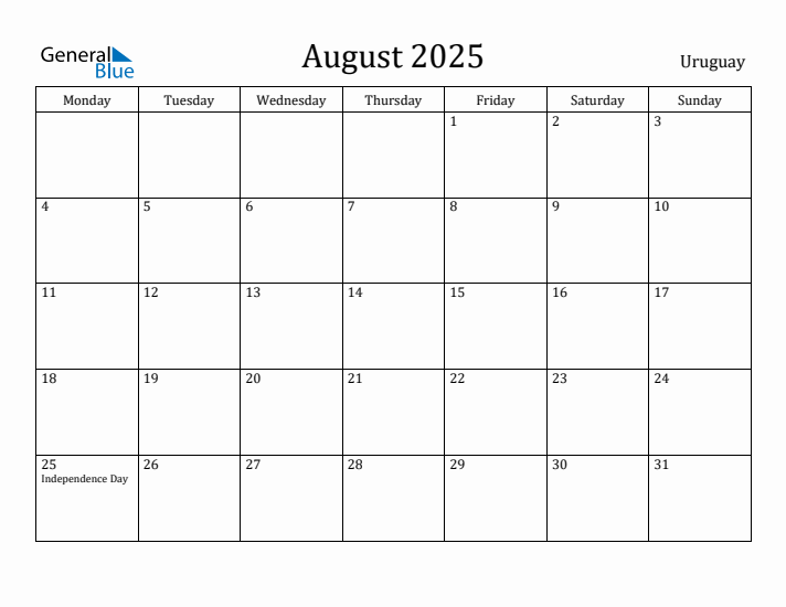August 2025 Calendar Uruguay