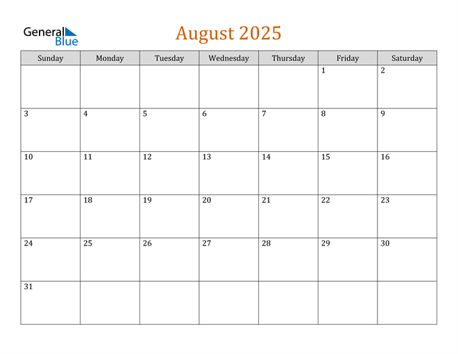 August 2025 Editable Calendar Word