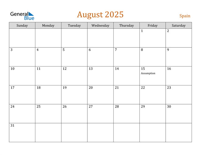 Spain August 2025 Calendar with Holidays