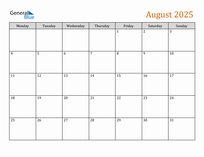 August 2025 Monthly Calendar Templates with Monday start